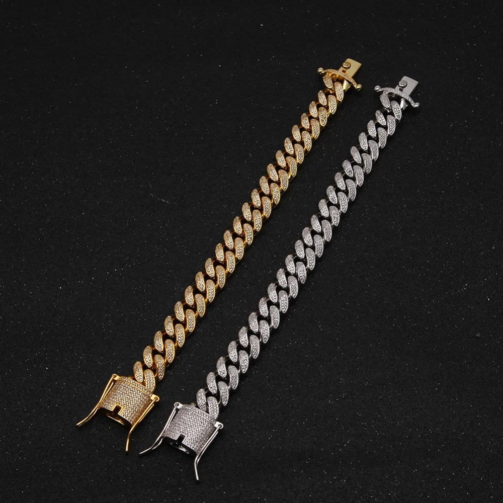 Мужской браслет в стиле хип хоп с кубическим микро цирконием белое золото