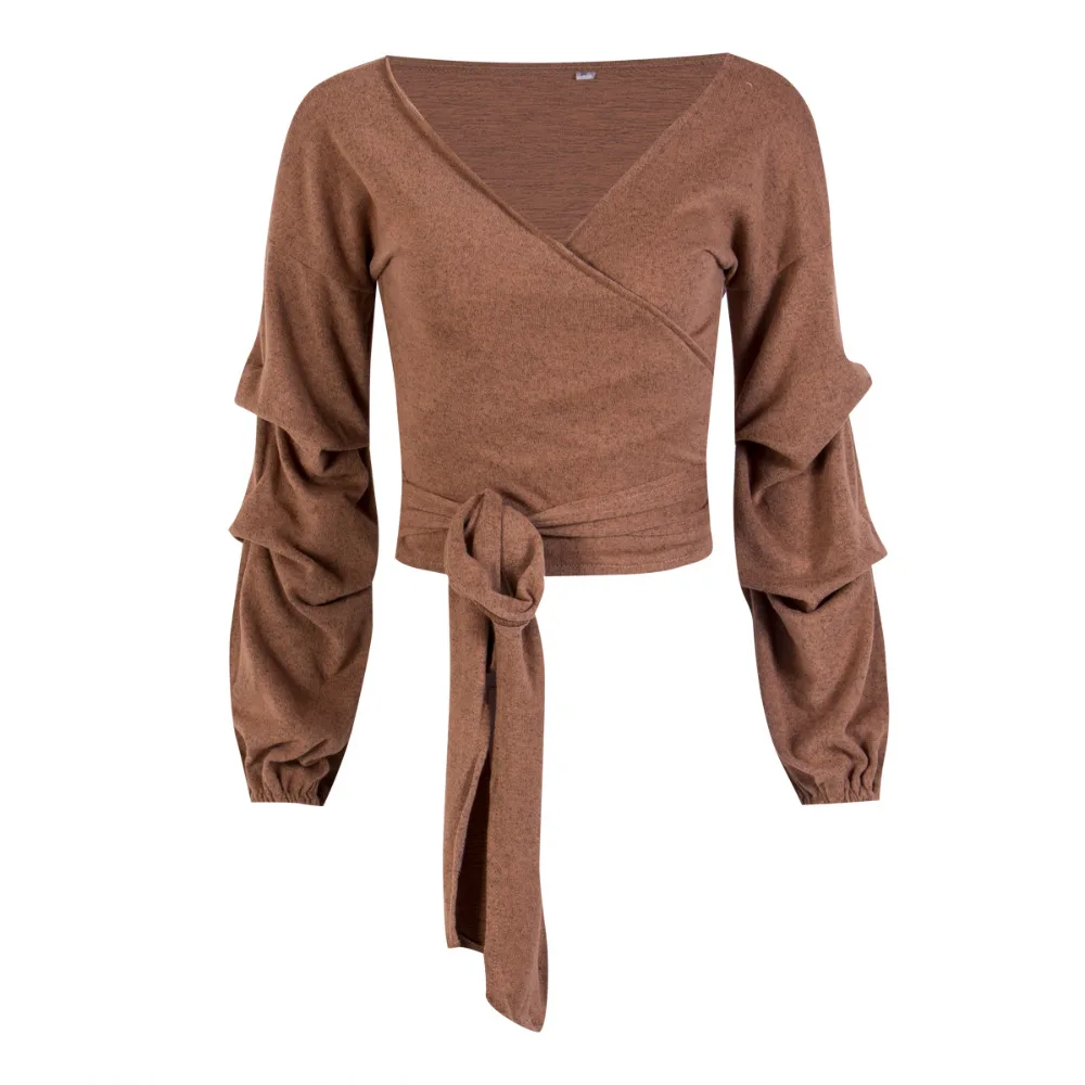 V Neck Sweaters Women Knitted Jumper Sweater Top Pullover Short Knitwear V-neck Cropped Tops Bandage Puff Sleeve Shirt | Женская одежда