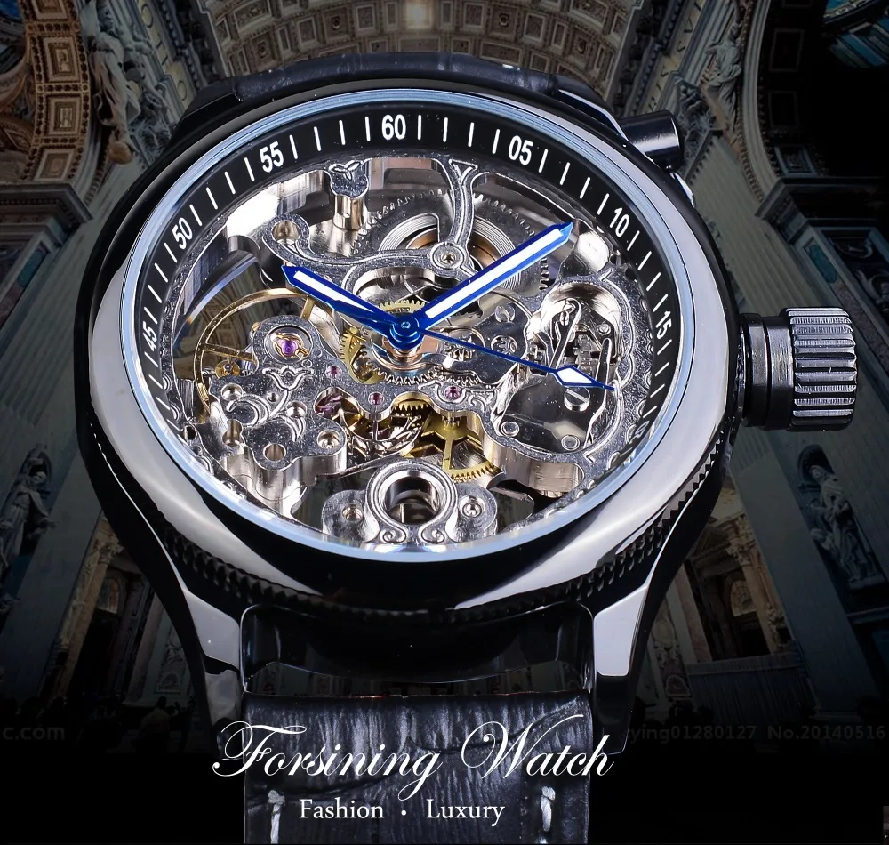 Forsining Skeleton Clock Blue Hands Gear Bezel Black Genuine Leather Screw Crown Cap Design Men Mechanical Watch Luminous Hands
