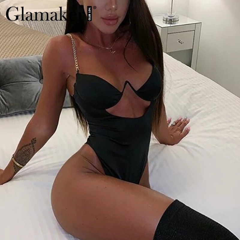 Glamaker с открытой спиной цепная гирлянда вырезами боди для женщин черный высокой