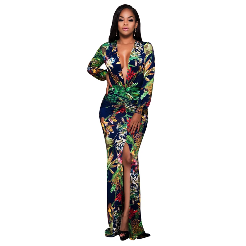 Женское облегающее платье с v образным вырезом и высоким разрезом элегантное