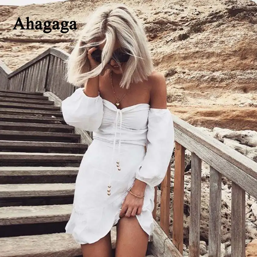 Ahagaga 2019 летнее платье Для женщин модные однотонные белый Slash шеи с длинными