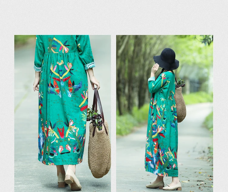 Plus Size Women Vintage Dress Summer Autumn Sundress Cotton Linen Vestidos Lady Long Dresses Print Floral Loose Casual Dress