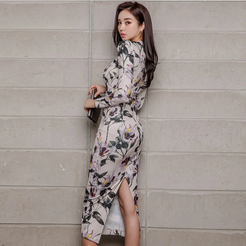 Женское офисное платье карандаш до середины икры с высокой талией V образным