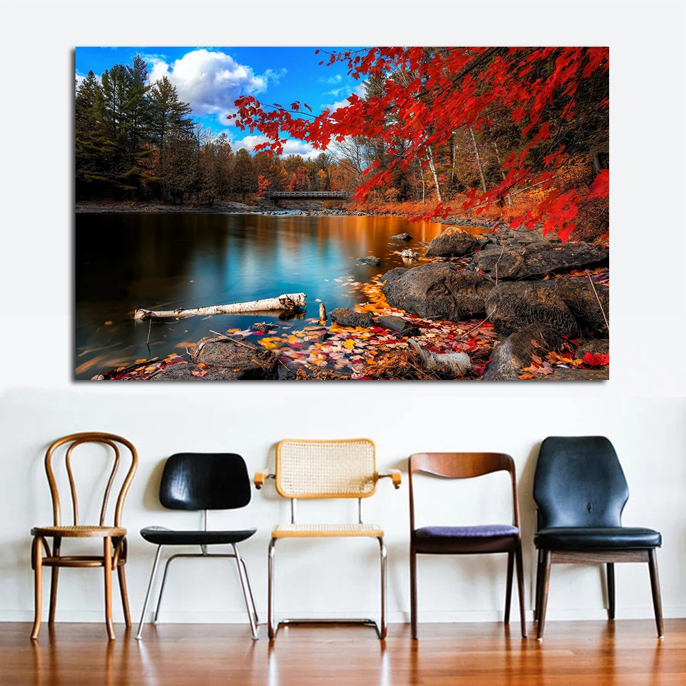 JQHYART Printing Oil Painting foliage lake forest leaves Wall Art Canvas Print Pictures For Living Room And Bedroom No Frame | Дом и сад
