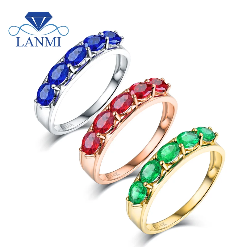 

Simple Design Oval Gen Green Emerald Blue Sapphire Red Ruby Party Ring Real 14K White Gold for Wife Daughter Birthday Gift