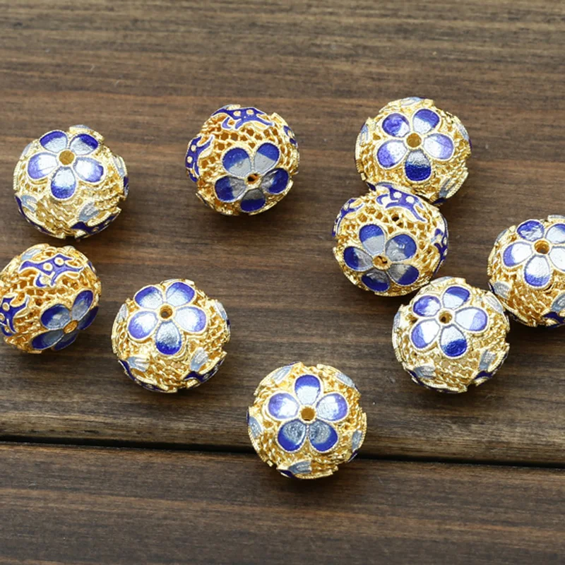Многослойные Позолоченные эмалевые синие Бусины с цветочным узором для