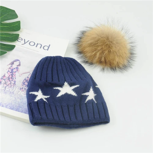 Navy natural fur Зимняя женская шерстяная вязаная шапка, шапки с натуральным мехом енота, шапки с помпонами, вязаные шапки из кашемира и шерсти, женские шапки Skullies Beanies - Цвет: Navy natural fur