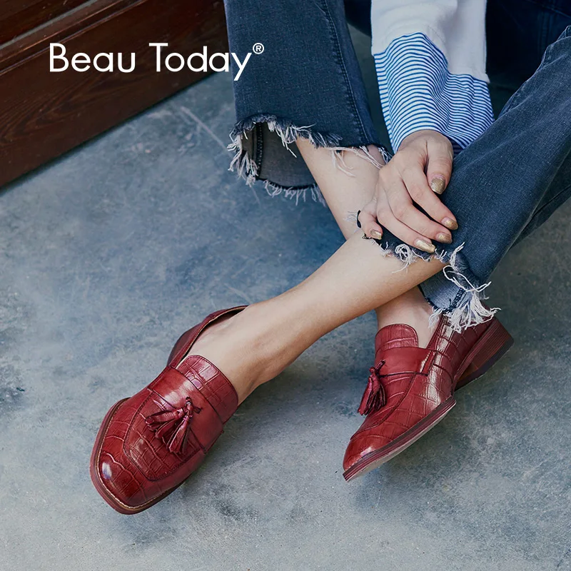 BeauToday/женские лоферы из натуральной кожи аллигатора; Модные слипоны с бахромой; модельные туфли с квадратным носком; женская обувь на плоской подошве; 27053