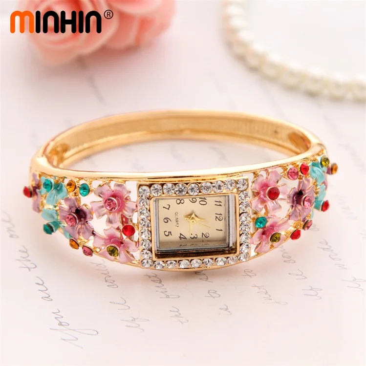 Часы MINHIN Brilliant, 5 цветов, браслет для женщин, золотой цвет, Хрустальный цветок, дизайн, Браслет-манжета, кварцевые часы, повседневные наручные часы - Цвет: W004