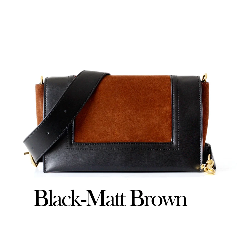 Black-Matt Brown Женская сумка из натуральной кожи, брендовый стиль, Лоскутная сумка через плечо, коровья кожа, широкий ремень, сумка через плечо, Два ремешка - Цвет: Black-Matt Brown