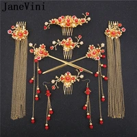 janevini chinese style bridal hair pins with earrings gold red beaded pearl headband hair combs set jewelry wedding accessories