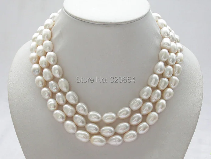 

3row 14mm white rice freshwater cultured pearl necklace