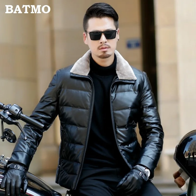 Batmo, Новое поступление, зимние куртки высокого качества из искусственной кожи, 90% белый утиный пух, шерстяные меховые воротники, мужские куртки, мужские коричневые кожаные пальто 801 - Цвет: black