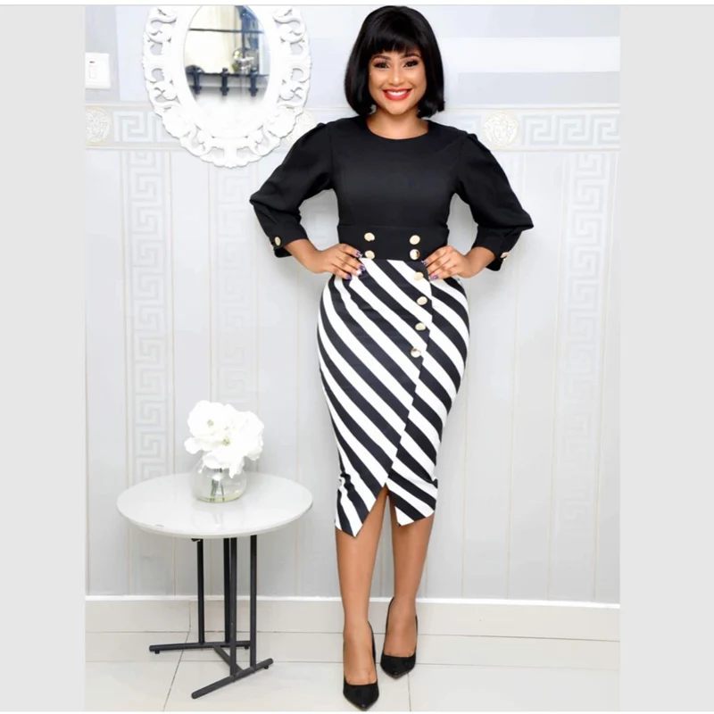 Элегантное Африканское женское платье 2019 с длинными рукавами в полоску