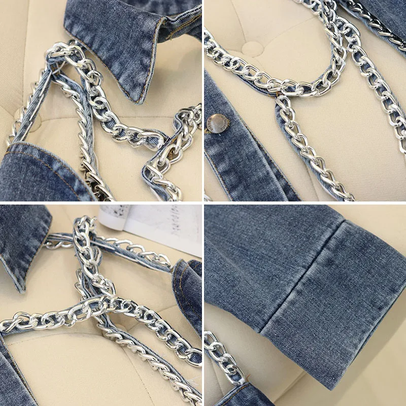 Модная Лоскутная джинсовая куртка с цепочками женские куртки отворотом длинным
