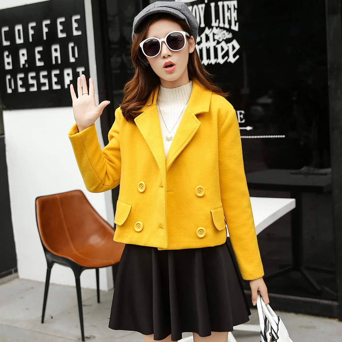 Женское двубортное кашемировое пальто свободное Короткое шерстяное в Корейском