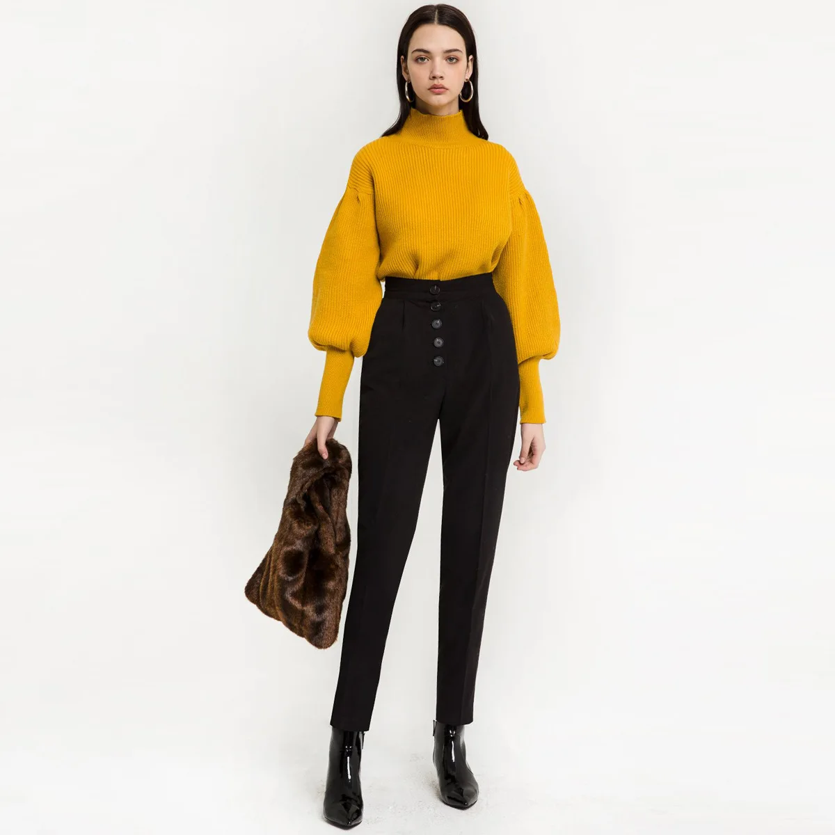 OKOUFEN 2018 Autumn Winter Fashion Concise Sweet Wind Restore Ancient Ways Hubble-bubble Sleeve High Lead Knitting Sweater | Женская