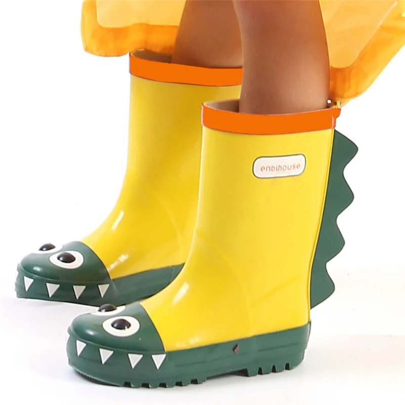 Резиновые сапоги для мальчиков и девочек с объемным рисунком динозавра милые Нескользящие резиновые