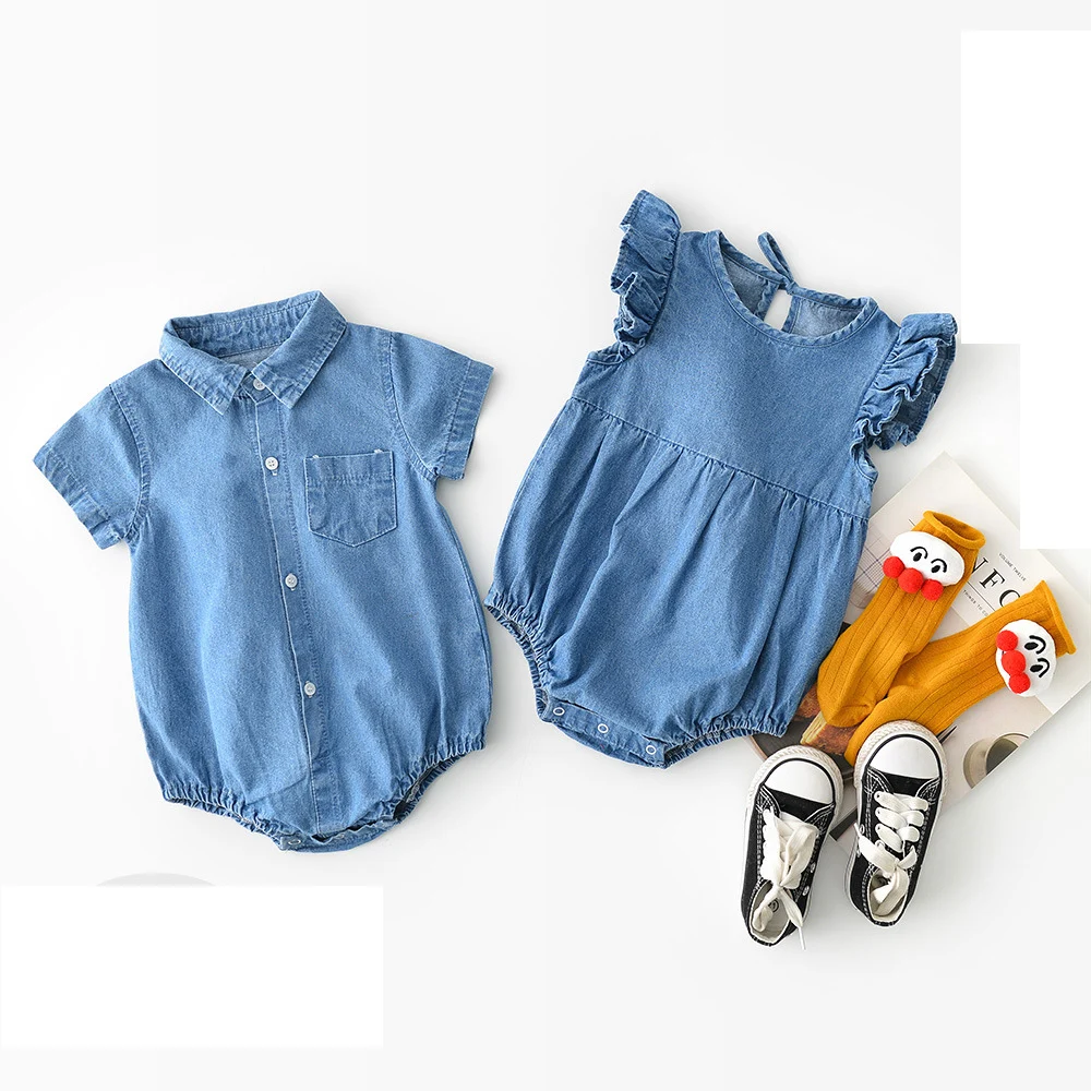 Летний комбинезон для новорожденных девочек с летающим рукавом из джинсовой