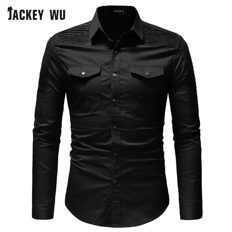 Black Бренд JACKEYWU, джинсовая рубашка для мужчин, мода, плиссированные джинсовые рубашки на плече, повседневные, с длинным рукавом, нагрудный карман, Camisas, хип-хоп - Цвет: Black