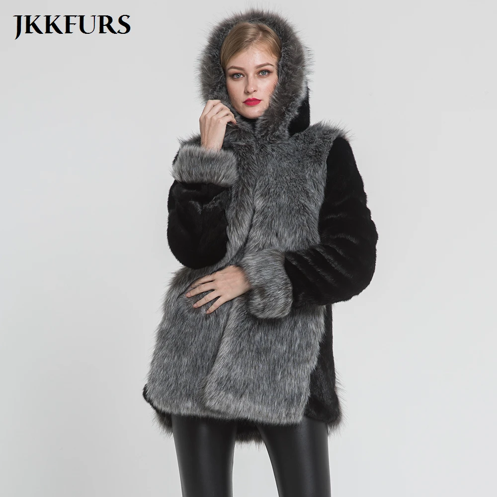 Женское пальто из искусственного меха с капюшоном, имитирующим серебристую лису, для зимней и осенней модной одежды, модель S8412.