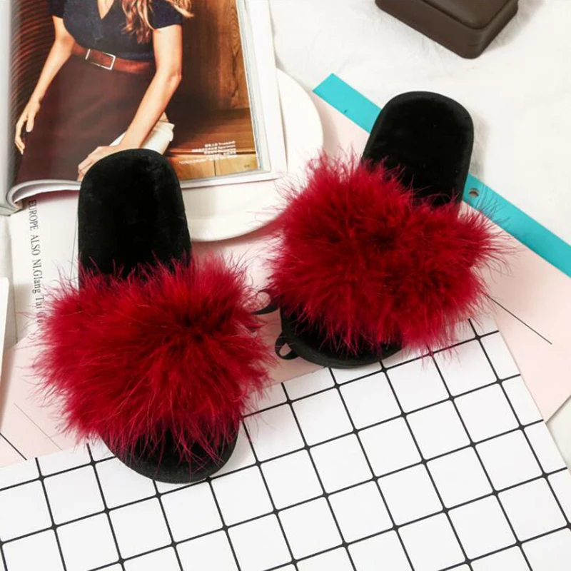 Женские меховые тапочки ostrich hair домашние пушистые слайдеры Плюшевые Пушистые