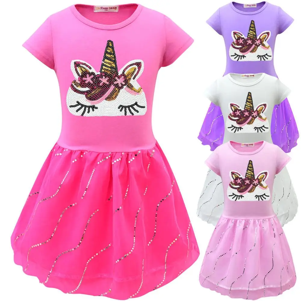 Вечерние платья с коротким рукавом для девочек рисунком единорога Сетчатое