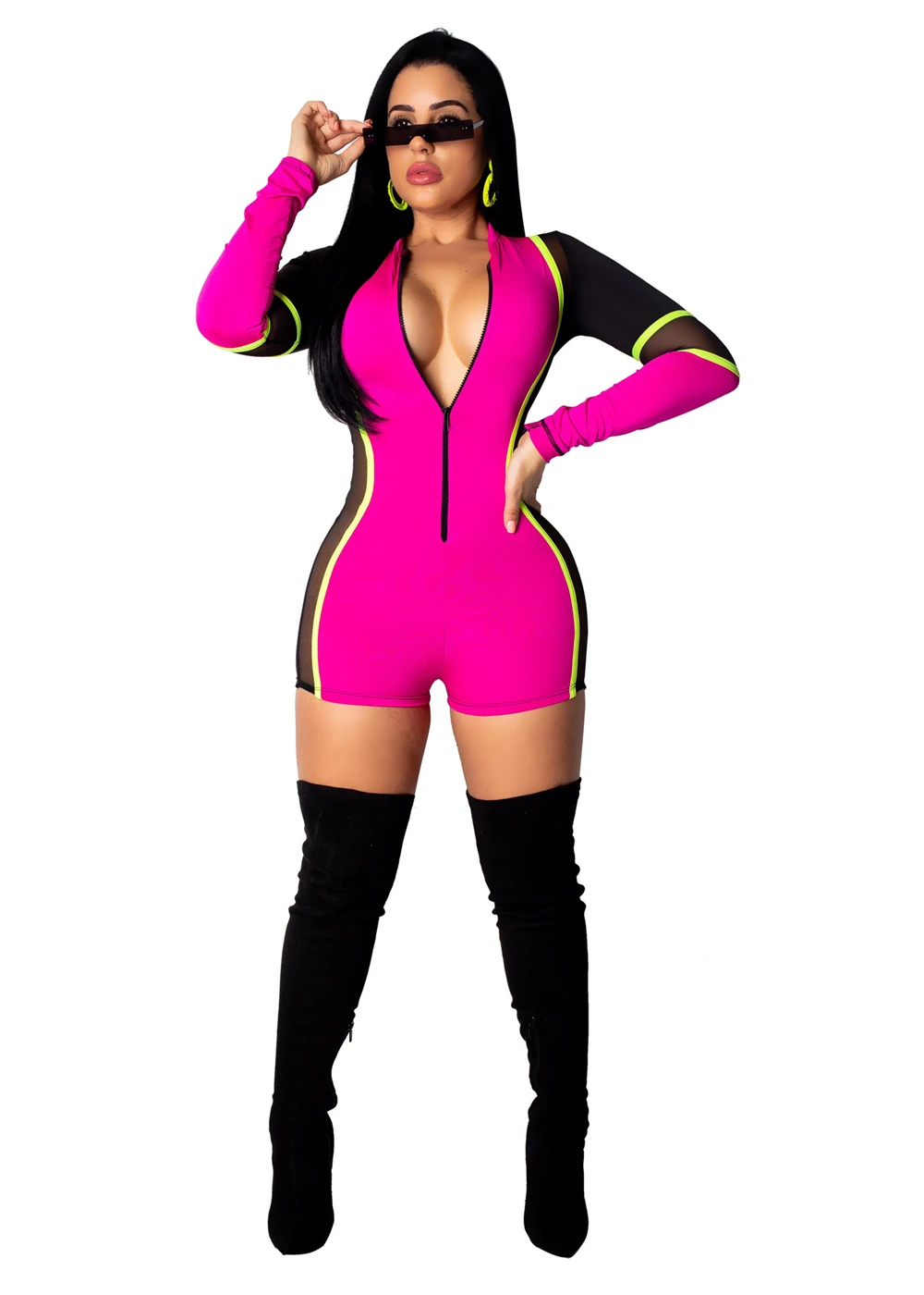 Сексуальный женский комбинезон с полуоткрытым воротником длинным рукавом шорты