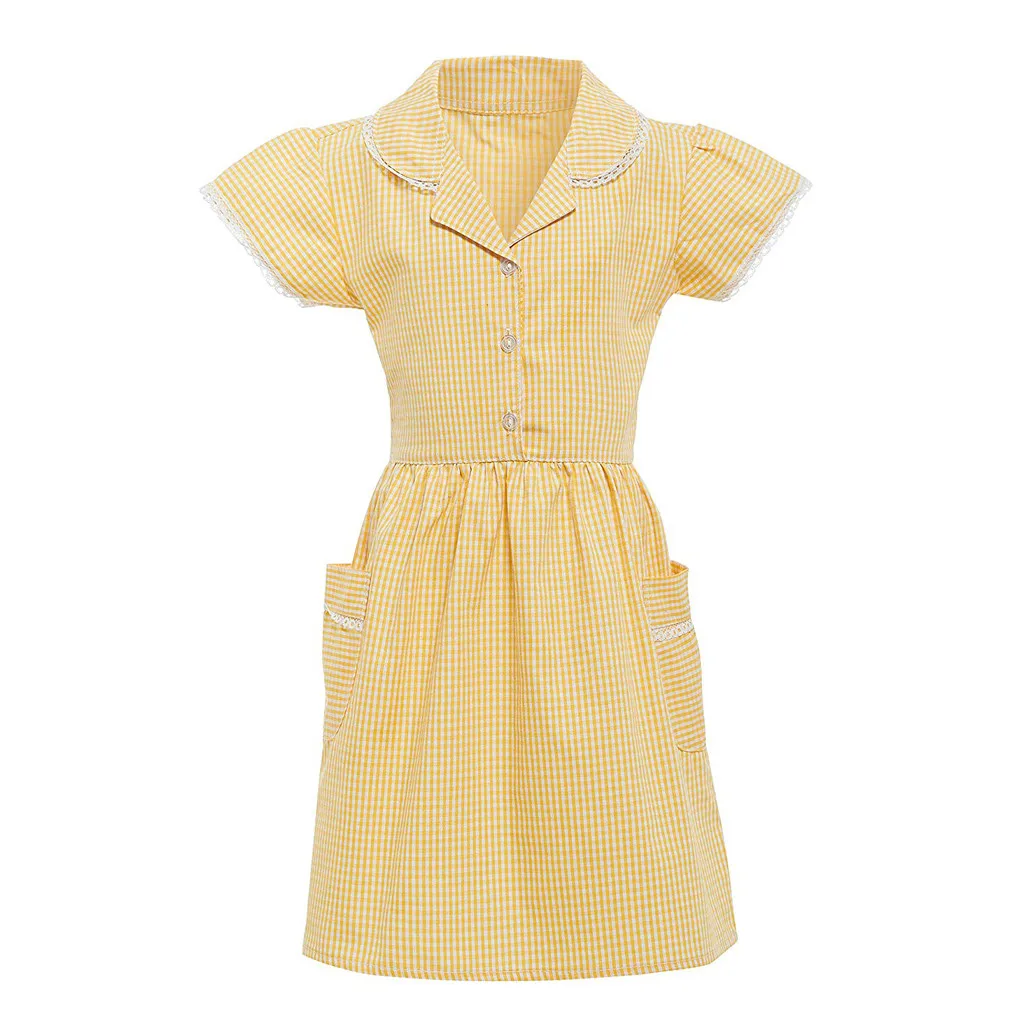 Children Girls Dresses 2019 Gingham Turndown Lace Plaid Dress With Pocket School Summer Kids Clothes 7 8 9 10 11 12 Years | Детская