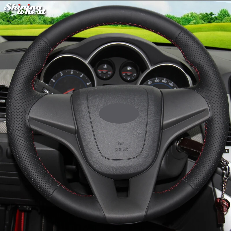 Блестящий черный чехол рулевого колеса автомобиля из натуральной кожи для Chevrolet