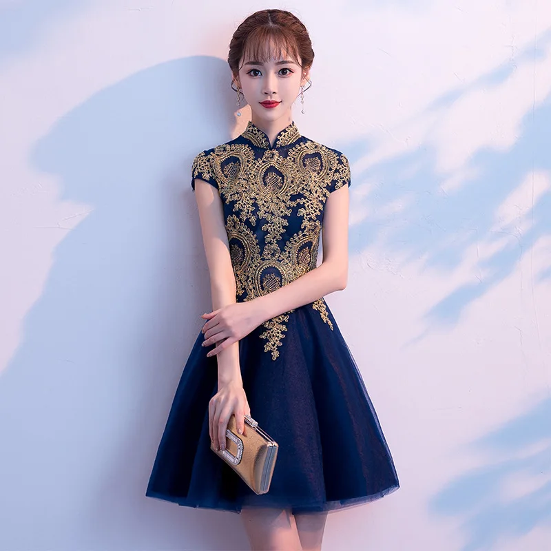 Темно синие Китайские Восточные Короткие вечерние женские свадебные платья