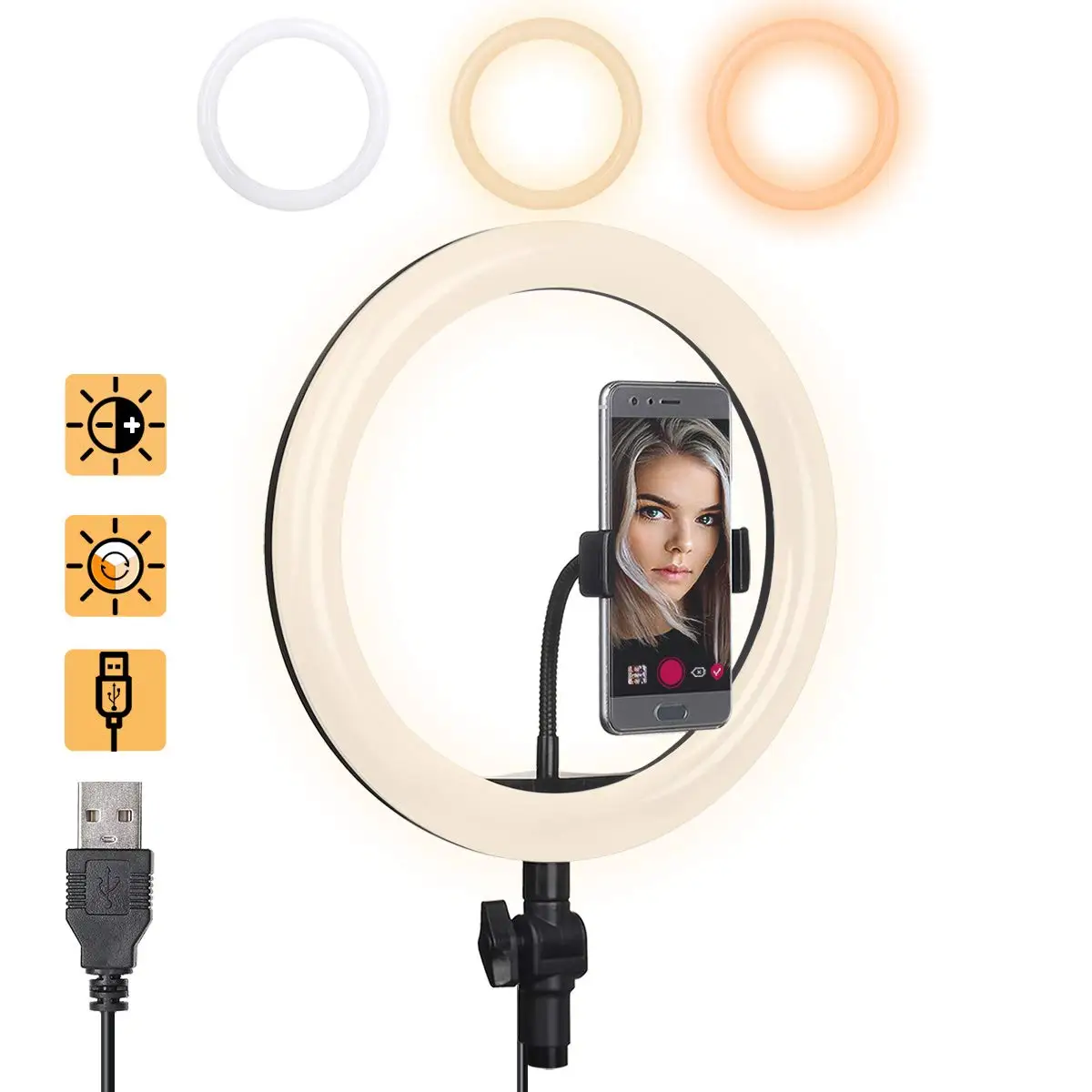 Powstro 12W 2700-6500K светодиодный кольцевой светильник для селфи для студийной фотосъемки со штативом для смартфона, регулируемый светильник для макияжа, 3 цвета