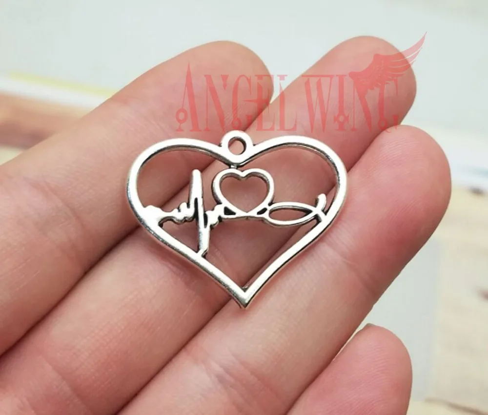 

10pcs/lot--25x31mm, ECG chams, Antique silver plated Electrocardiogram heart charms,DIY supplies, Jewelry accessories