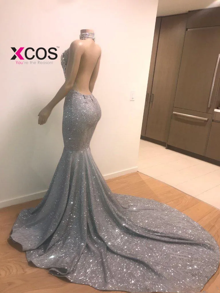 XCOS 2019 Sparkly Silver Sheer High Neck Mermaid Prom Dresses Long Lace Sequins Beaded Backless Chic Evening Gowns Formal Party | Свадьбы и