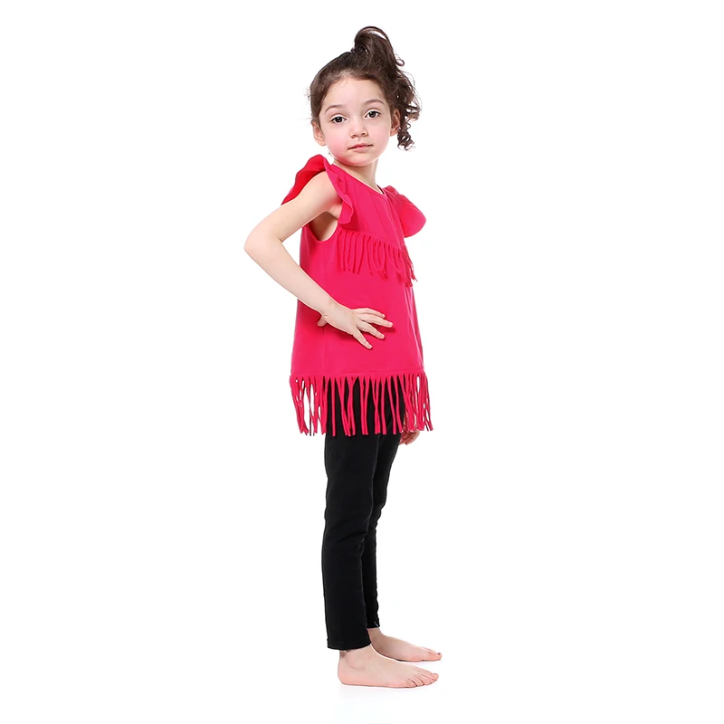 Детская одежда 2017 комплекты летней одежды для девочек розовая рубашка с бахромой