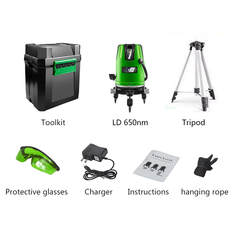 toolkit and tripod PRACMANU 5 линий 6 точек зеленый/красный лазерный уровень автоматическое наливное 360 вертикальное и горизонтальное наклон градусов поворотный открытый режим - Цвет: toolkit and tripod
