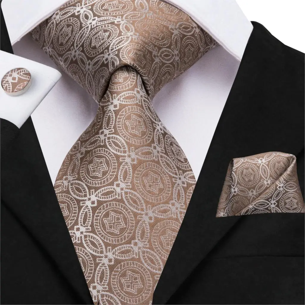 Hi-Tie Luxury Silk Men's Fashion Brown Floral Necktie Handkerchief Cufflinks Set Wedding Party Business Tie C-3086 | Аксессуары для
