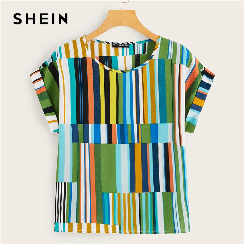 SHEIN, разноцветная полосатая блузка размера плюс,, женская летняя Повседневная блуза с коротким рукавом и круглым вырезом, большие размеры