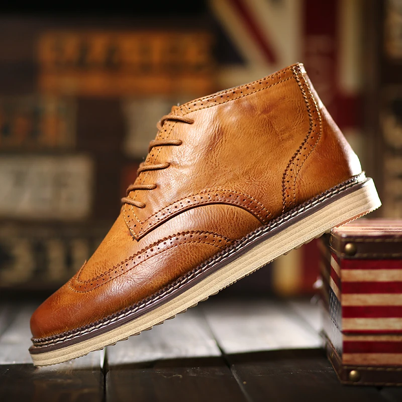 Autumn New Fashion High Top Men Oxfords British Vintage Carve Lace Up Mens Flats Thick Heel Comfortable Male Bullock Shoes | Обувь