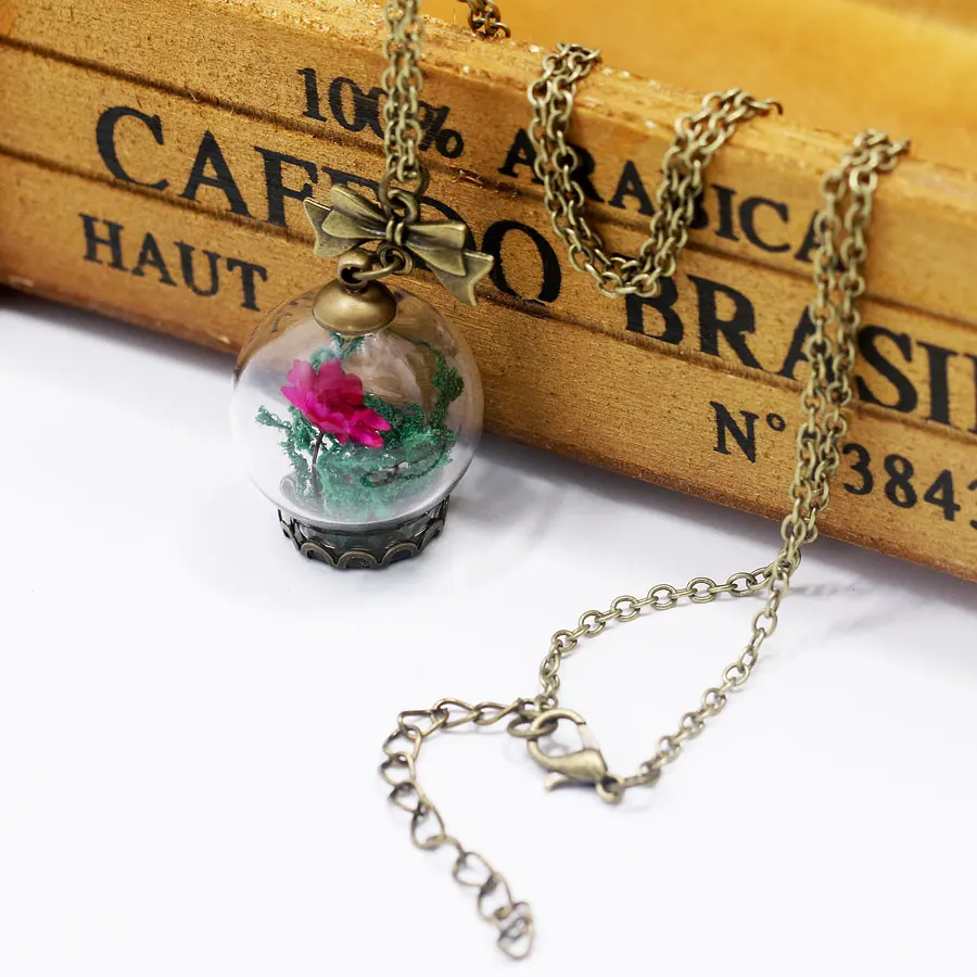 Натуральный красный цветок стекло Желая бутылка кулон ожерелье для женщин