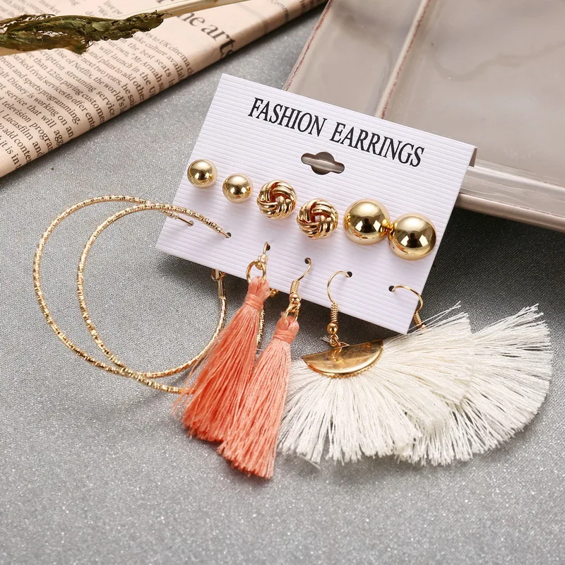 Belleper New Design Tassel Earring Sets Women Geometric Bohemian Gold Flower Long Tassel Earring Set Fashion Wedding Jewelry