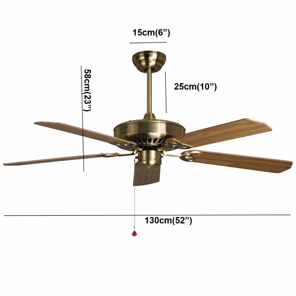 Деревянный потолочный вентилятор 52 дюйма 5 листьев без света и 2 размера штанги