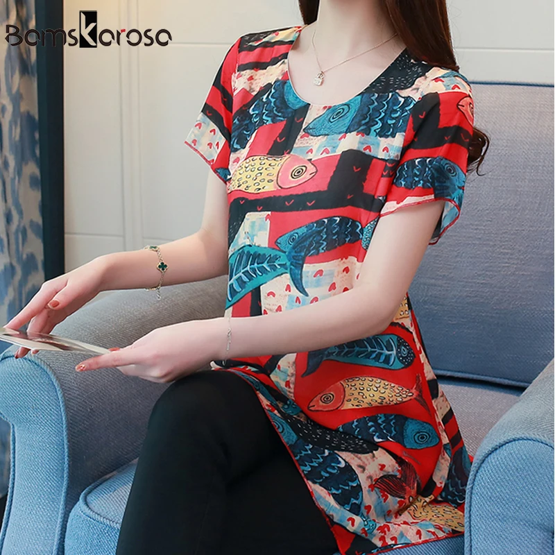 2019 длинные летние Шифоновая блузка Для женщин Винтаж большой Размеры Цветочный