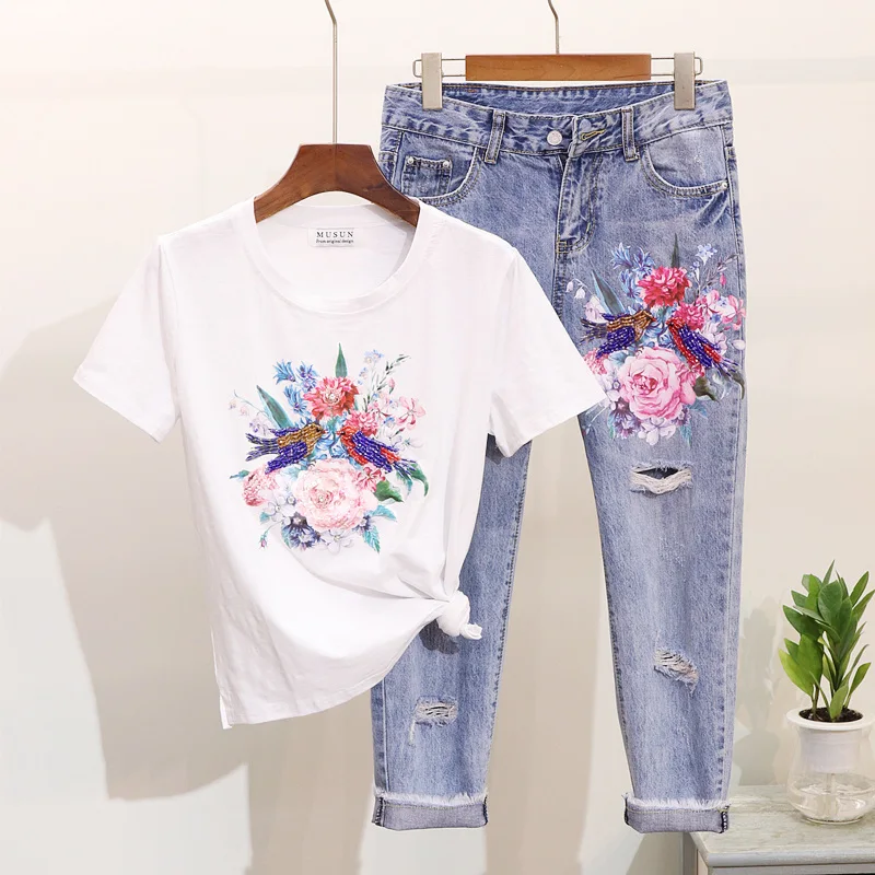 

Amolapha Women Beading Flower Tshirts+ Jeans Pants Casual Clothing Sets Casual Calf Length JeansClothes Suits