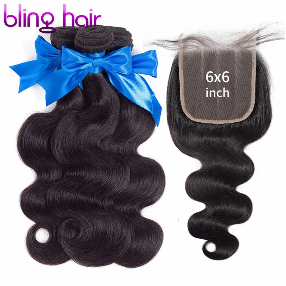 Bling hair 6x6 синтетическое закрытие шнурка с пучками бразильские объемные волнистые пучки с закрытием Remy человеческие волосы для наращивания натуральный цвет