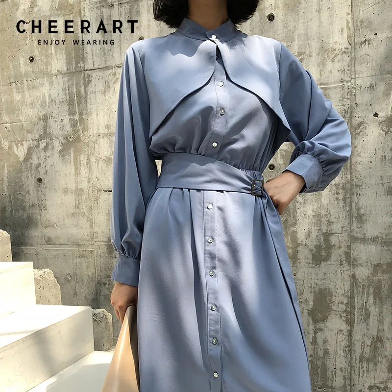 Женское длинное платье миди на пуговицах Cheerart синее шнуровке туника с длинным