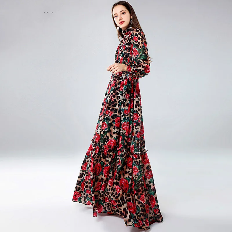 GoodliShowsi модной Макси платья Для женщин с длинным рукавом сексуальный Леопардовый Роза Элегантный длинное платье вечерние платье