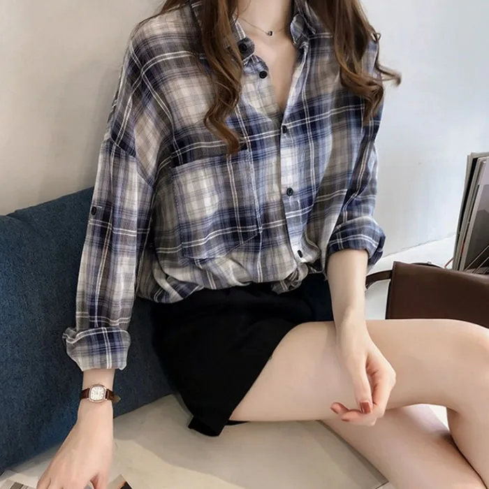 Модная женская рубашка летняя новая клетчатая с отворотами Большие размеры 4XL