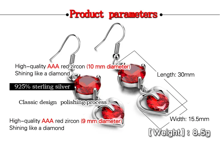 New fashion noble red zircon silver jewelry. Solid 925 sterling woman earrings. Heart lady jewelry gift | Украшения и аксессуары